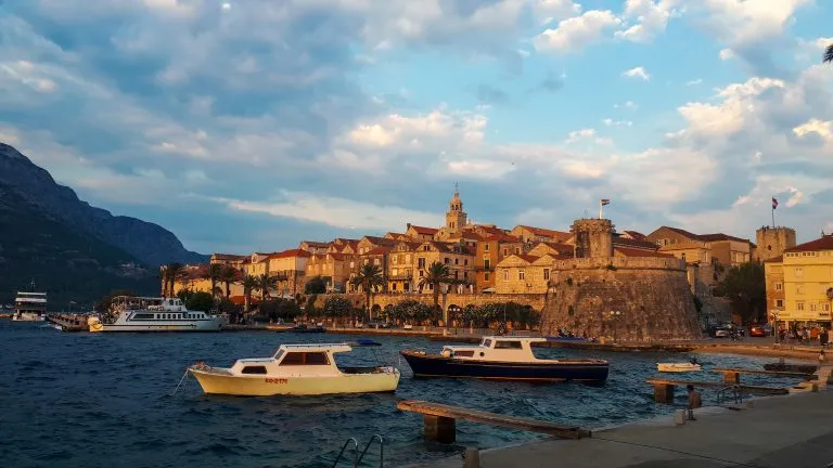 Sunset harbour in front of the old Town at Korcula, Croatia,
